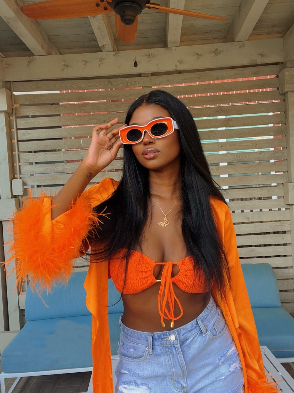 Vibrant Orange Feather Sleeve Cover-Up